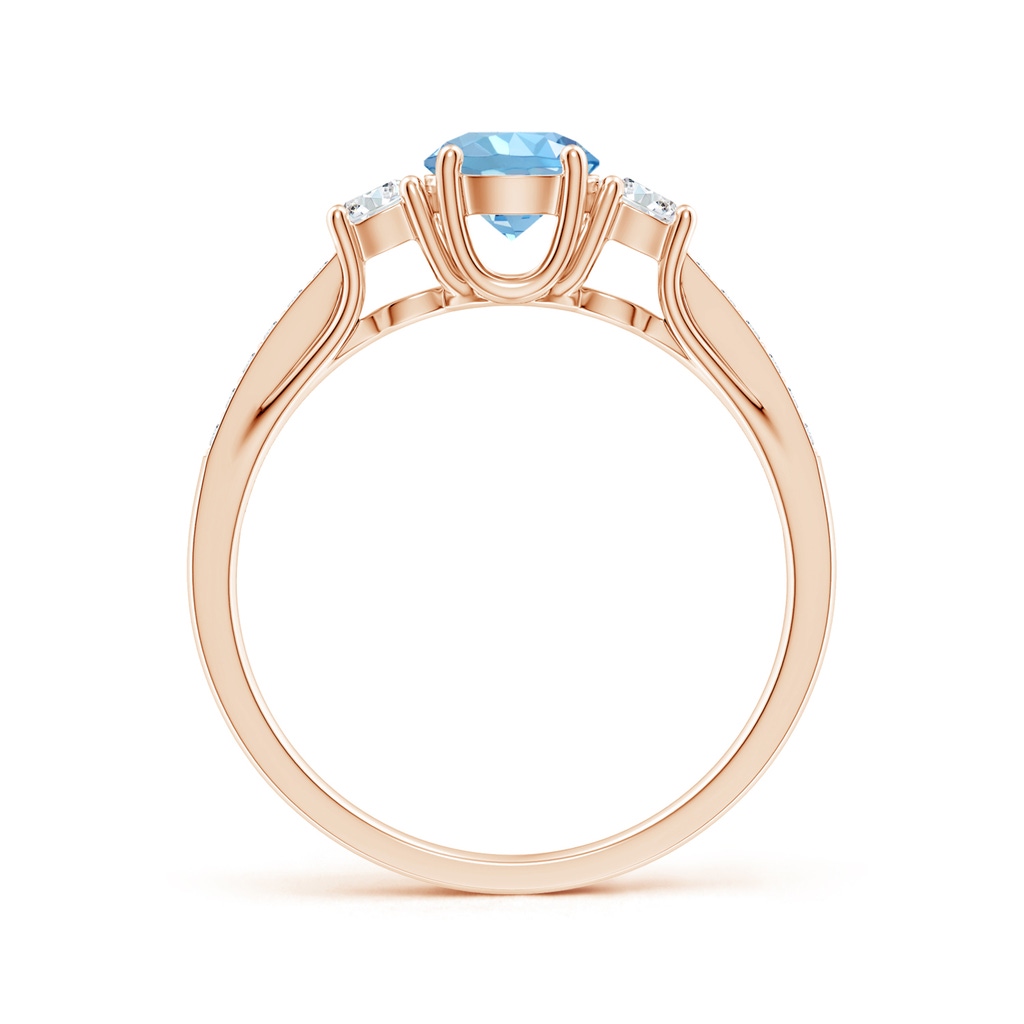 5mm AAAA Classic Prong Set Round Aquamarine and Diamond Three Stone Ring in Rose Gold Side-1