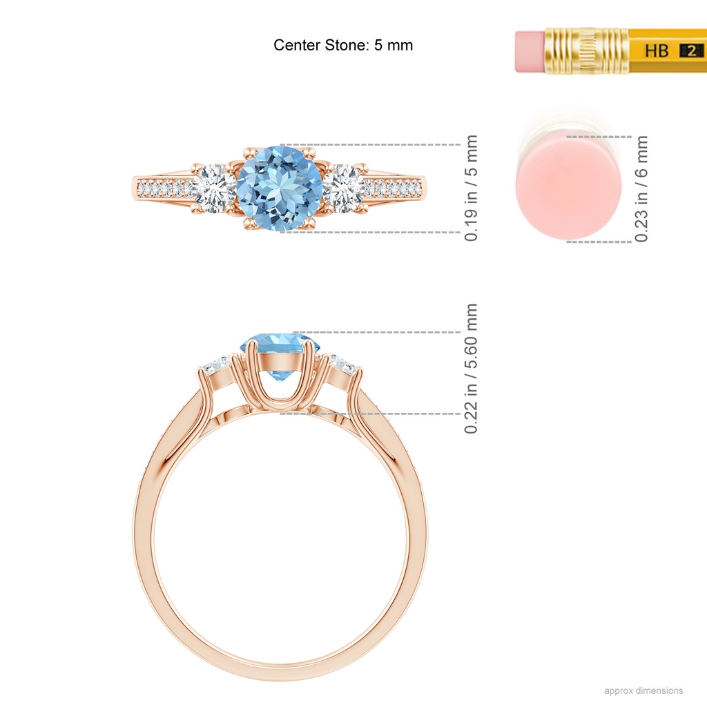 5mm AAAA Classic Prong Set Round Aquamarine and Diamond Three Stone Ring in Rose Gold Ruler