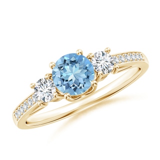 5mm AAAA Classic Prong Set Round Aquamarine and Diamond Three Stone Ring in Yellow Gold