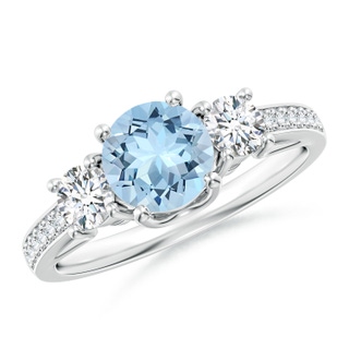 6mm AAA Classic Prong Set Round Aquamarine and Diamond Three Stone Ring in White Gold