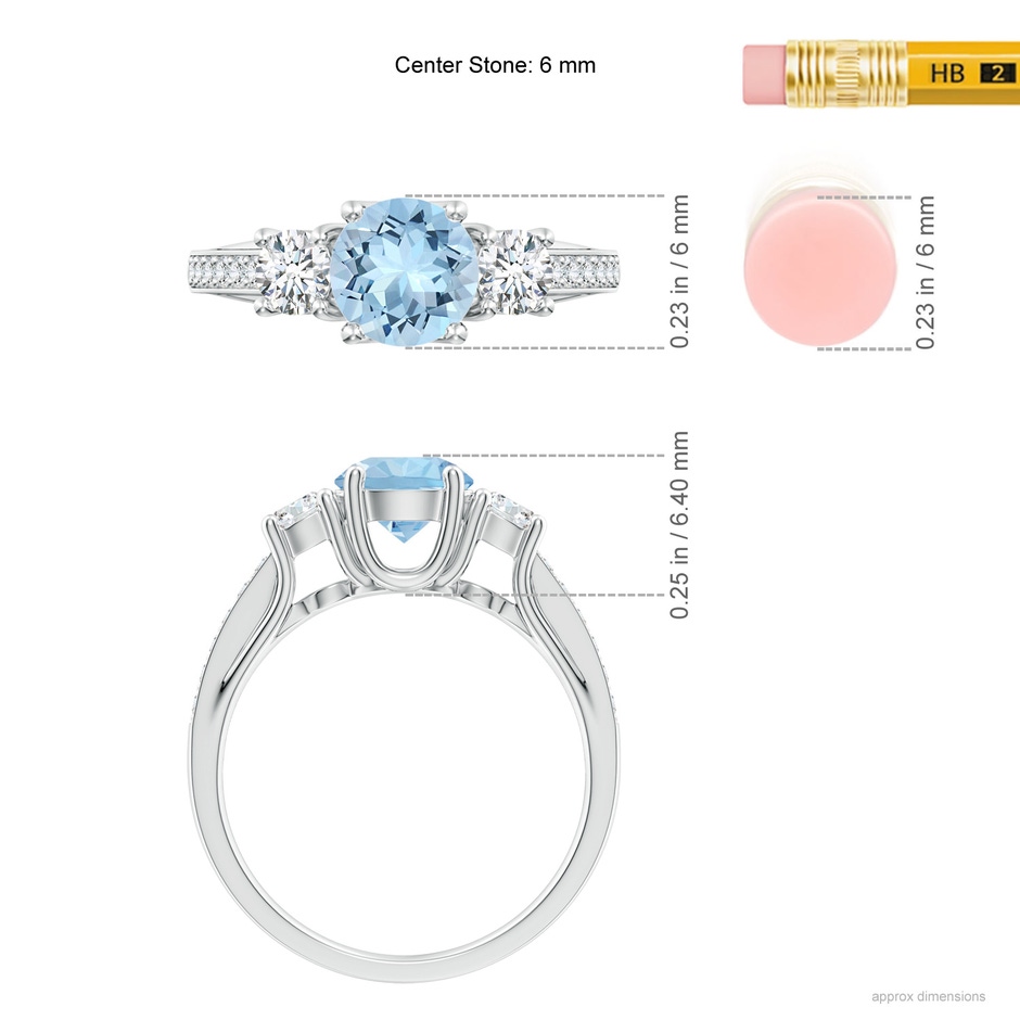 6mm AAA Classic Prong Set Round Aquamarine and Diamond Three Stone Ring in White Gold ruler