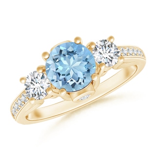 6mm AAAA Classic Prong Set Round Aquamarine and Diamond Three Stone Ring in 9K Yellow Gold