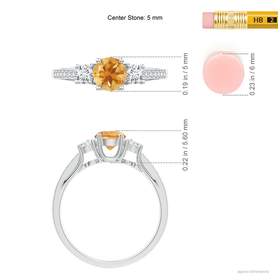 5mm A Classic Prong Set Round Citrine and Diamond Three Stone Ring in P950 Platinum ruler