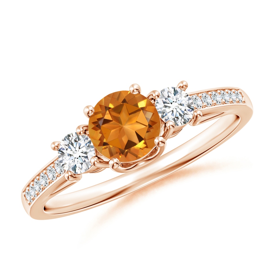 5mm AAA Classic Prong Set Round Citrine and Diamond Three Stone Ring in Rose Gold 