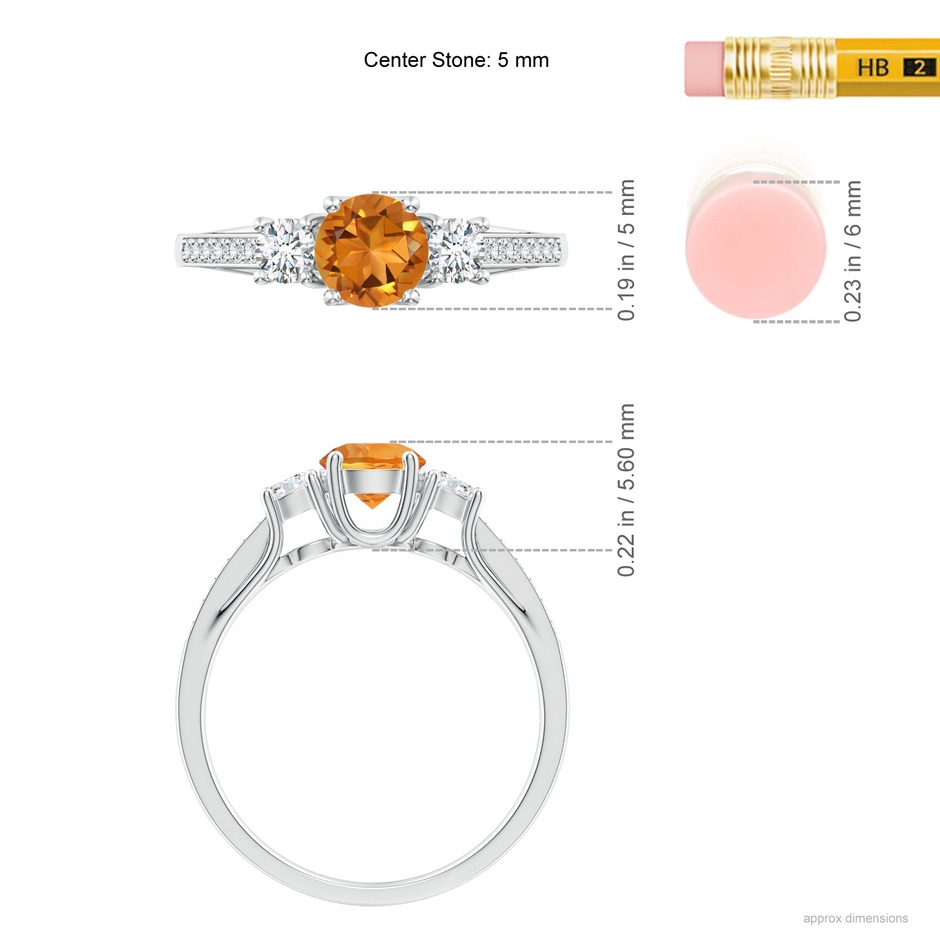 5mm AAA Classic Prong Set Round Citrine and Diamond Three Stone Ring in White Gold ruler