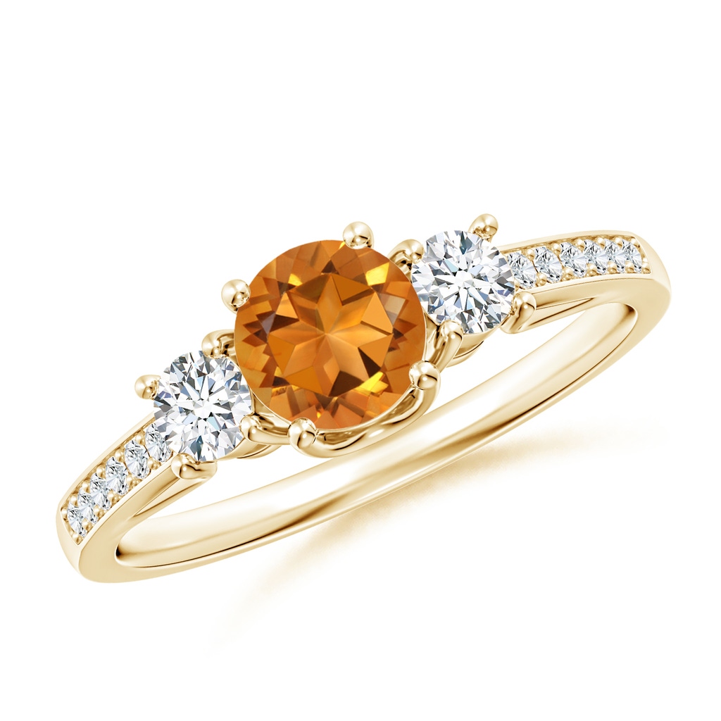 5mm AAA Classic Prong Set Round Citrine and Diamond Three Stone Ring in Yellow Gold