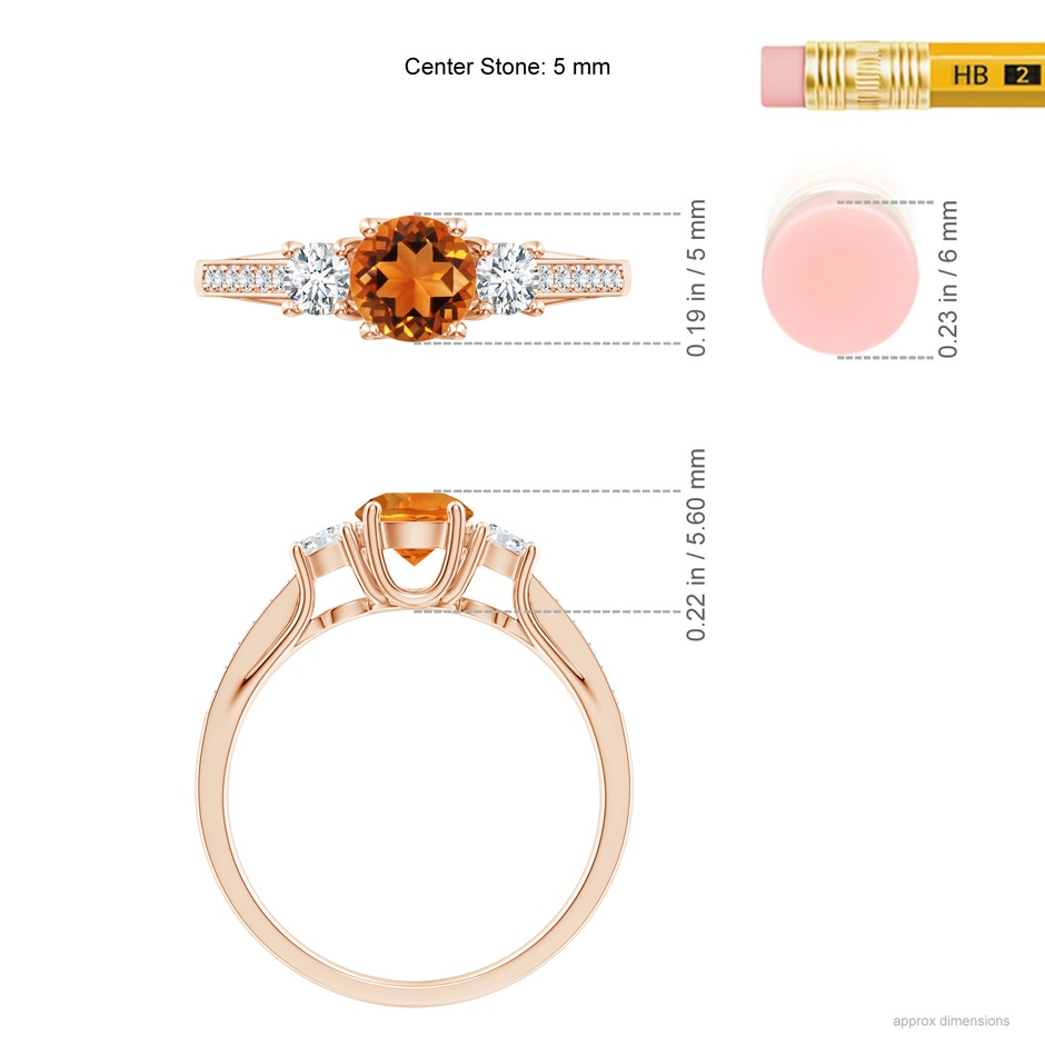 5mm AAAA Classic Prong Set Round Citrine and Diamond Three Stone Ring in Rose Gold ruler