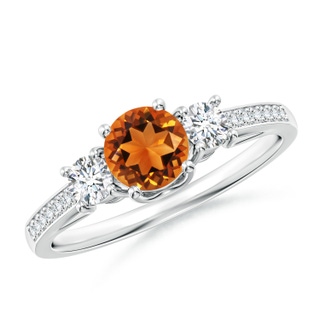 5mm AAAA Classic Prong Set Round Citrine and Diamond Three Stone Ring in White Gold