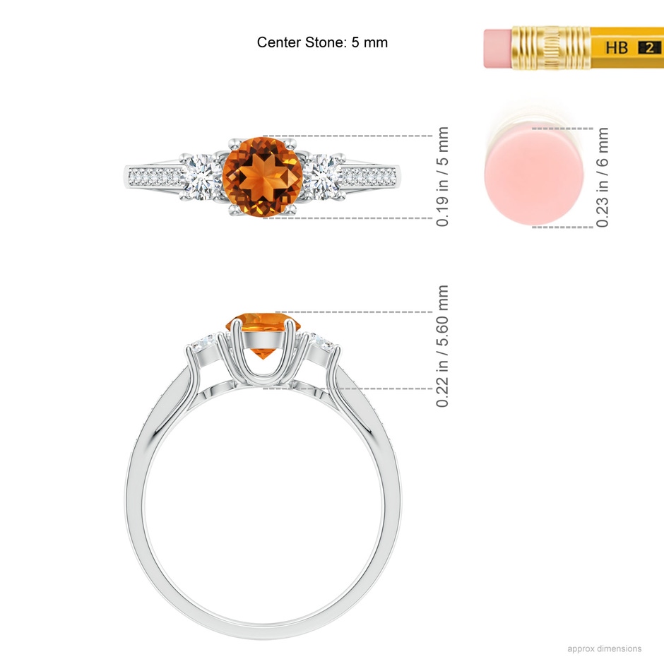 5mm AAAA Classic Prong Set Round Citrine and Diamond Three Stone Ring in White Gold ruler