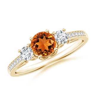 5mm AAAA Classic Prong Set Round Citrine and Diamond Three Stone Ring in Yellow Gold
