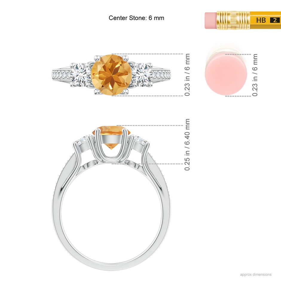 6mm A Classic Prong Set Round Citrine and Diamond Three Stone Ring in P950 Platinum ruler