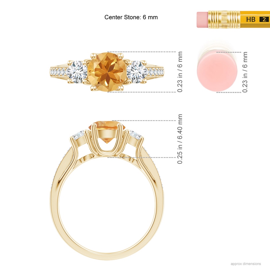 6mm A Classic Prong Set Round Citrine and Diamond Three Stone Ring in Yellow Gold ruler