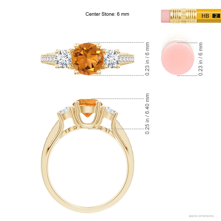 6mm AAA Classic Prong Set Round Citrine and Diamond Three Stone Ring in 18K Yellow Gold ruler