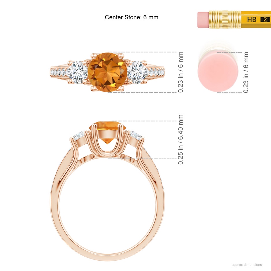 6mm AAA Classic Prong Set Round Citrine and Diamond Three Stone Ring in Rose Gold ruler