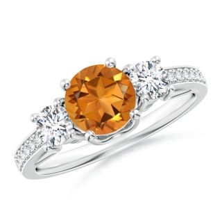6mm AAA Classic Prong Set Round Citrine and Diamond Three Stone Ring in White Gold