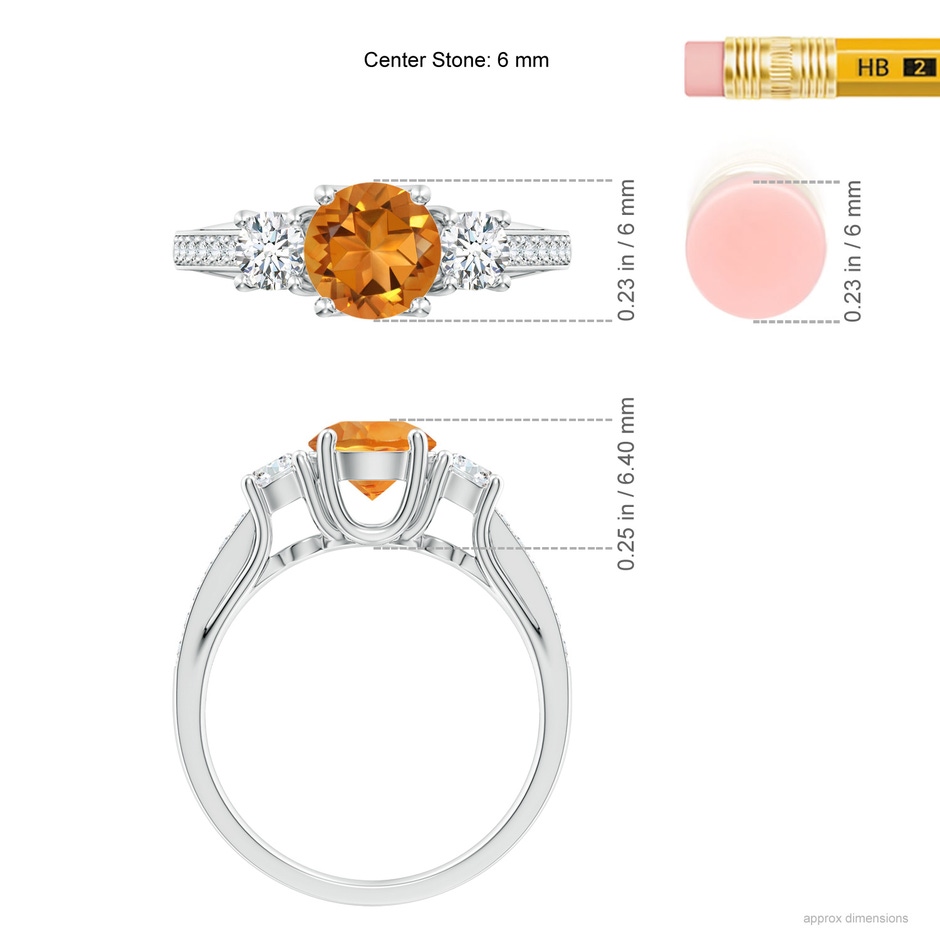 6mm AAA Classic Prong Set Round Citrine and Diamond Three Stone Ring in White Gold ruler