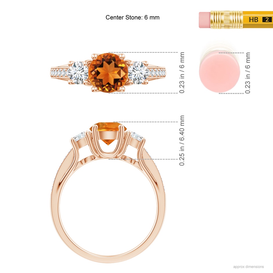 6mm AAAA Classic Prong Set Round Citrine and Diamond Three Stone Ring in 18K Rose Gold ruler