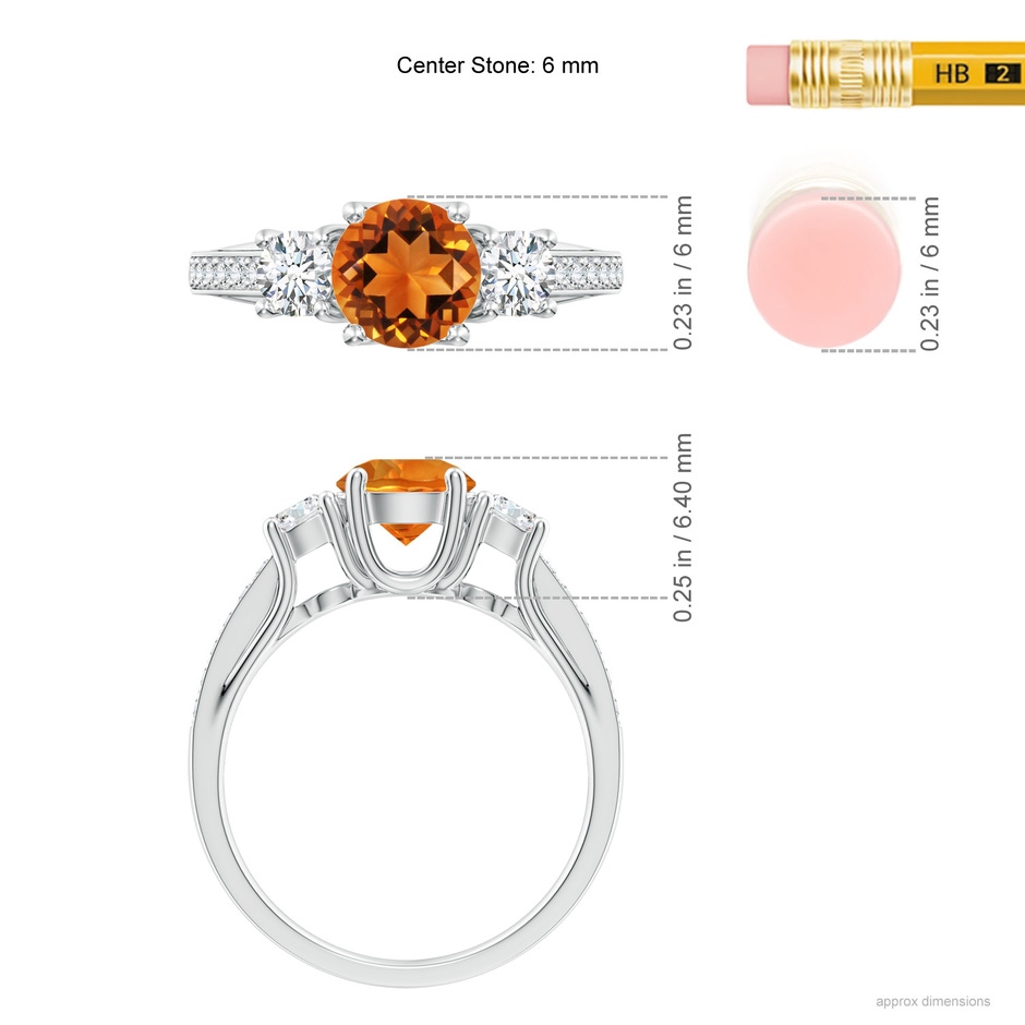 6mm AAAA Classic Prong Set Round Citrine and Diamond Three Stone Ring in P950 Platinum ruler