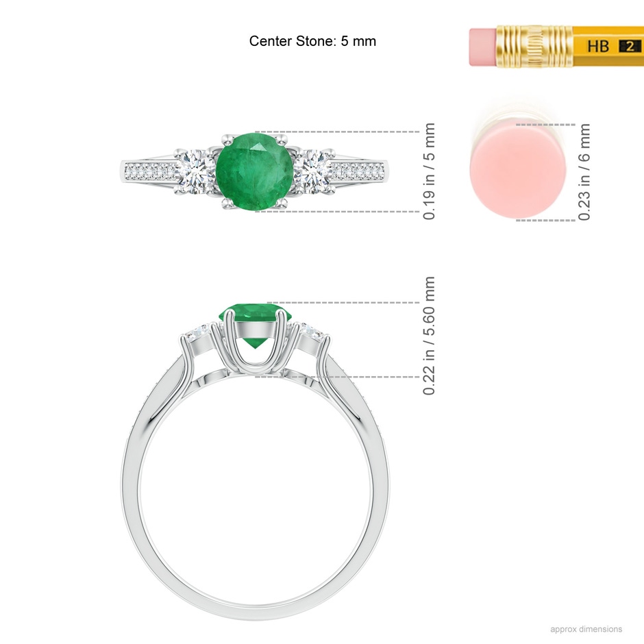 5mm A Classic Prong Set Round Emerald and Diamond Three Stone Ring in P950 Platinum ruler