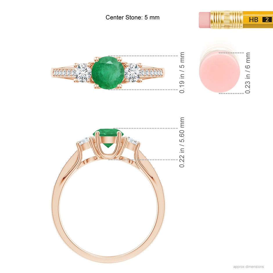 5mm A Classic Prong Set Round Emerald and Diamond Three Stone Ring in Rose Gold ruler