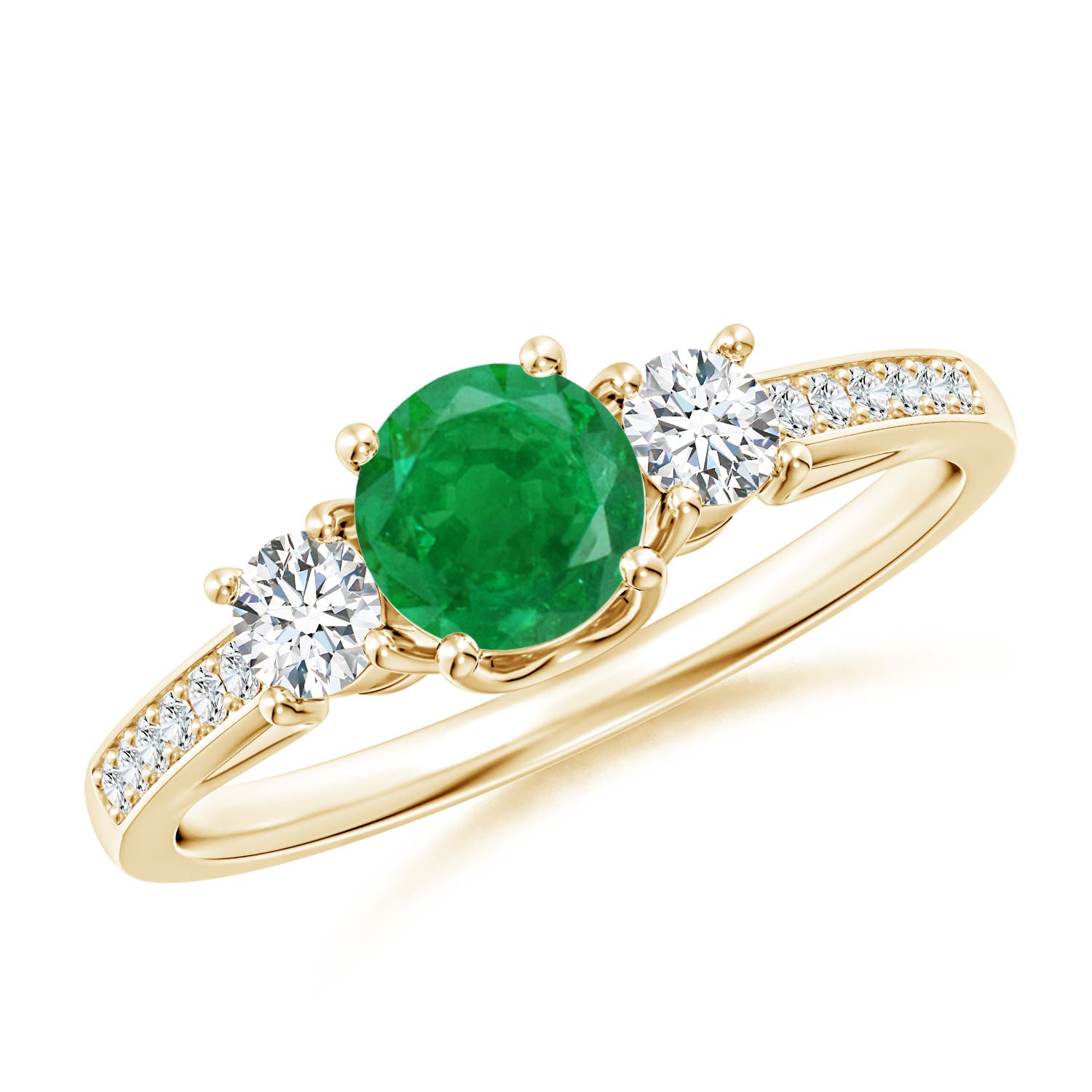 5mm AA Classic Prong Set Round Emerald and Diamond Three Stone Ring in 18K Yellow Gold