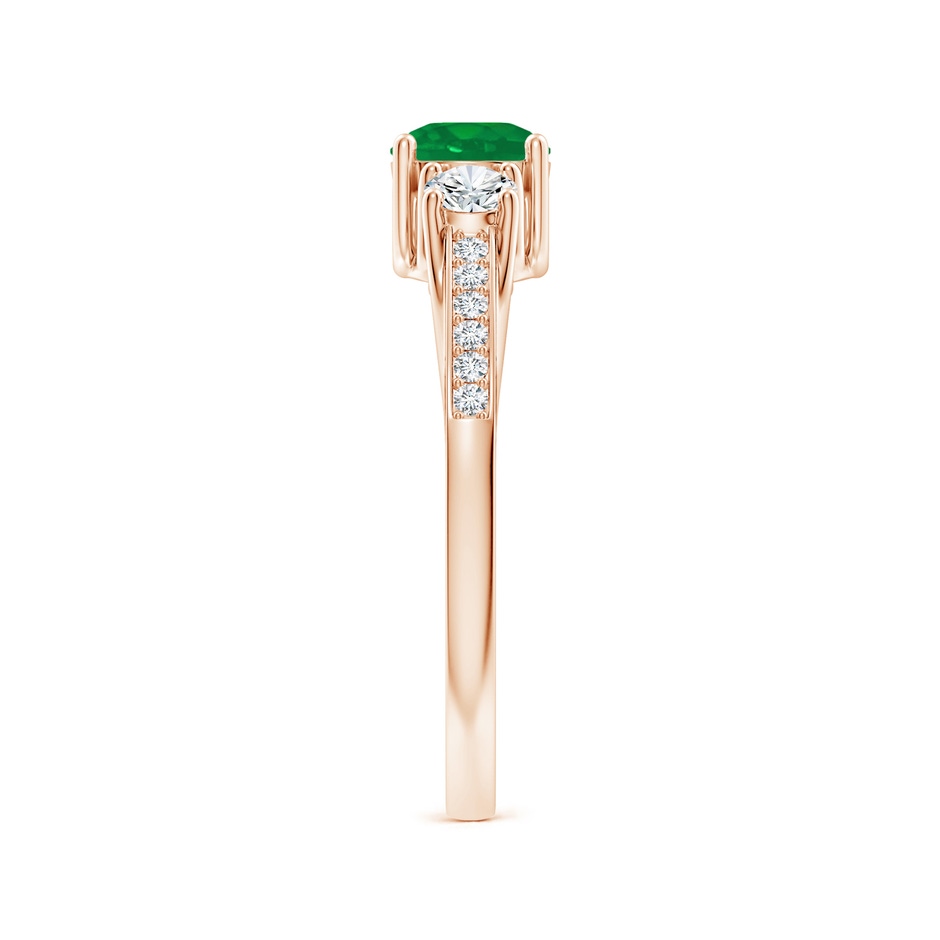 5mm AA Classic Prong Set Round Emerald and Diamond Three Stone Ring in Rose Gold side 299