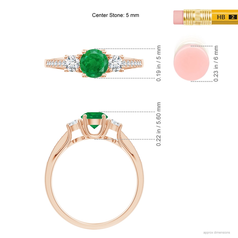 5mm AA Classic Prong Set Round Emerald and Diamond Three Stone Ring in Rose Gold ruler