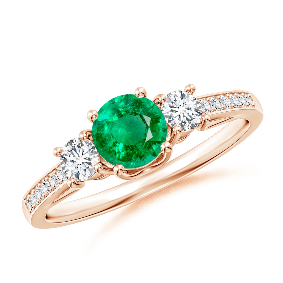 5mm AAA Classic Prong Set Round Emerald and Diamond Three Stone Ring in Rose Gold 