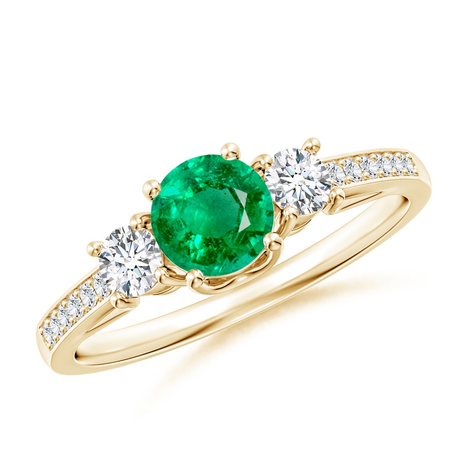 5mm AAA Classic Prong Set Round Emerald and Diamond Three Stone Ring in Yellow Gold 