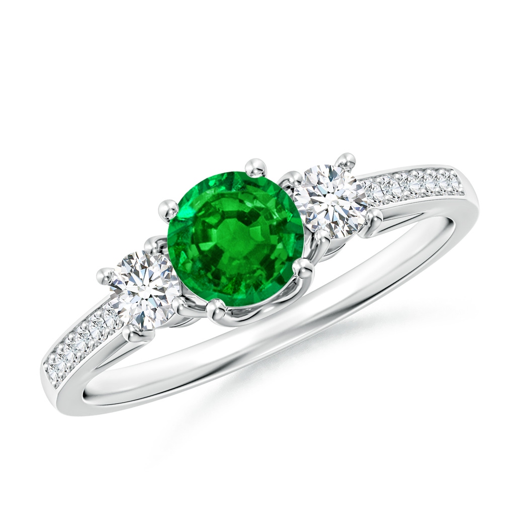 5mm AAAA Classic Prong Set Round Emerald and Diamond Three Stone Ring in 18K White Gold