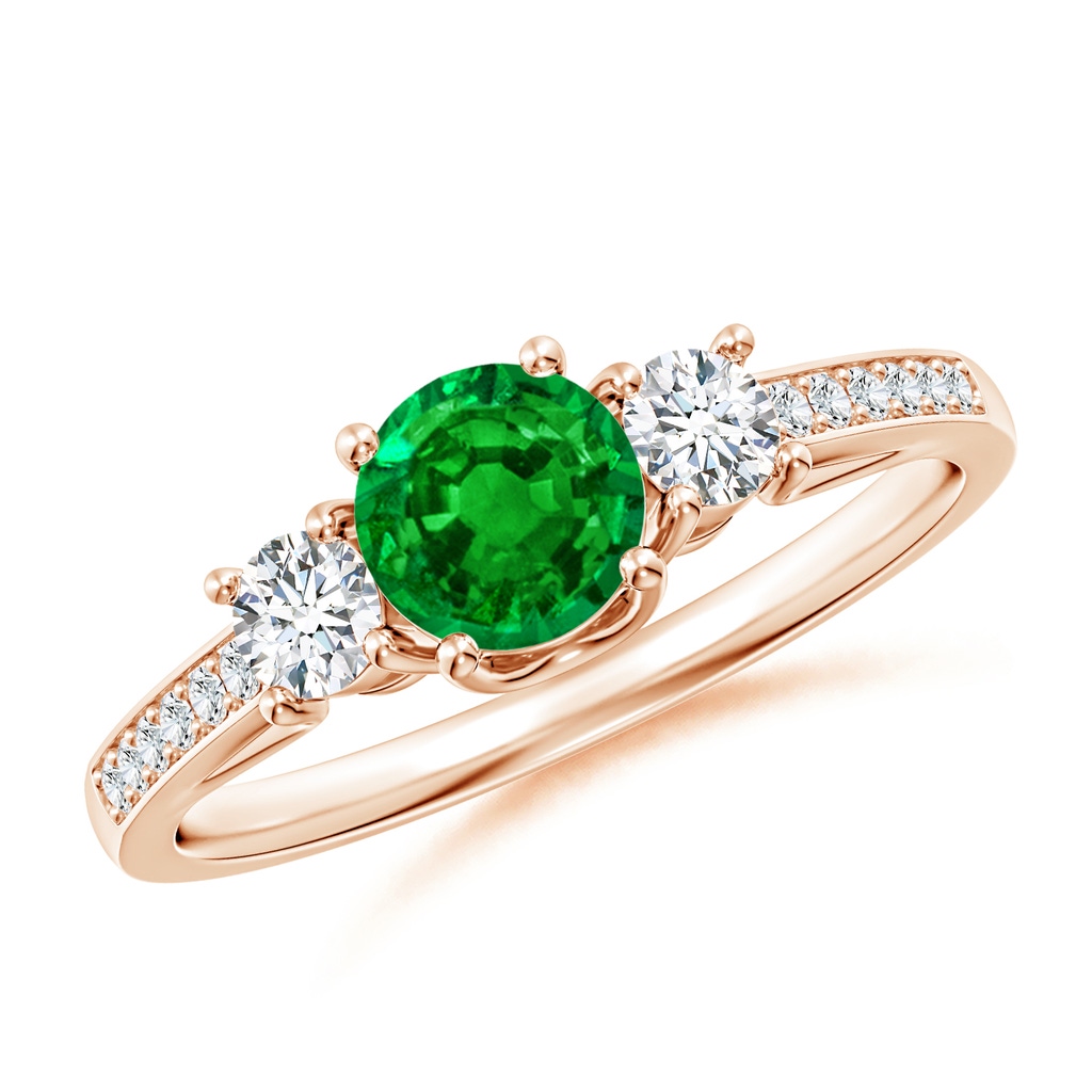 5mm AAAA Classic Prong Set Round Emerald and Diamond Three Stone Ring in Rose Gold