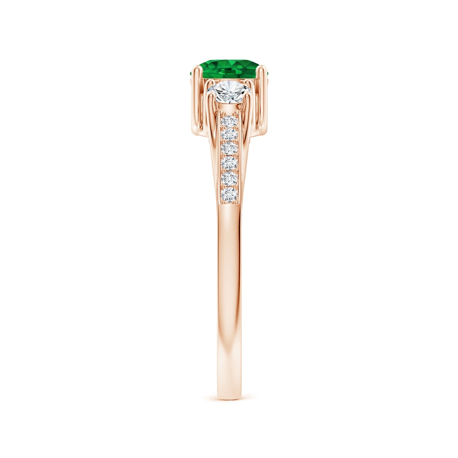 5mm AAAA Classic Prong Set Round Emerald and Diamond Three Stone Ring in Rose Gold side 299