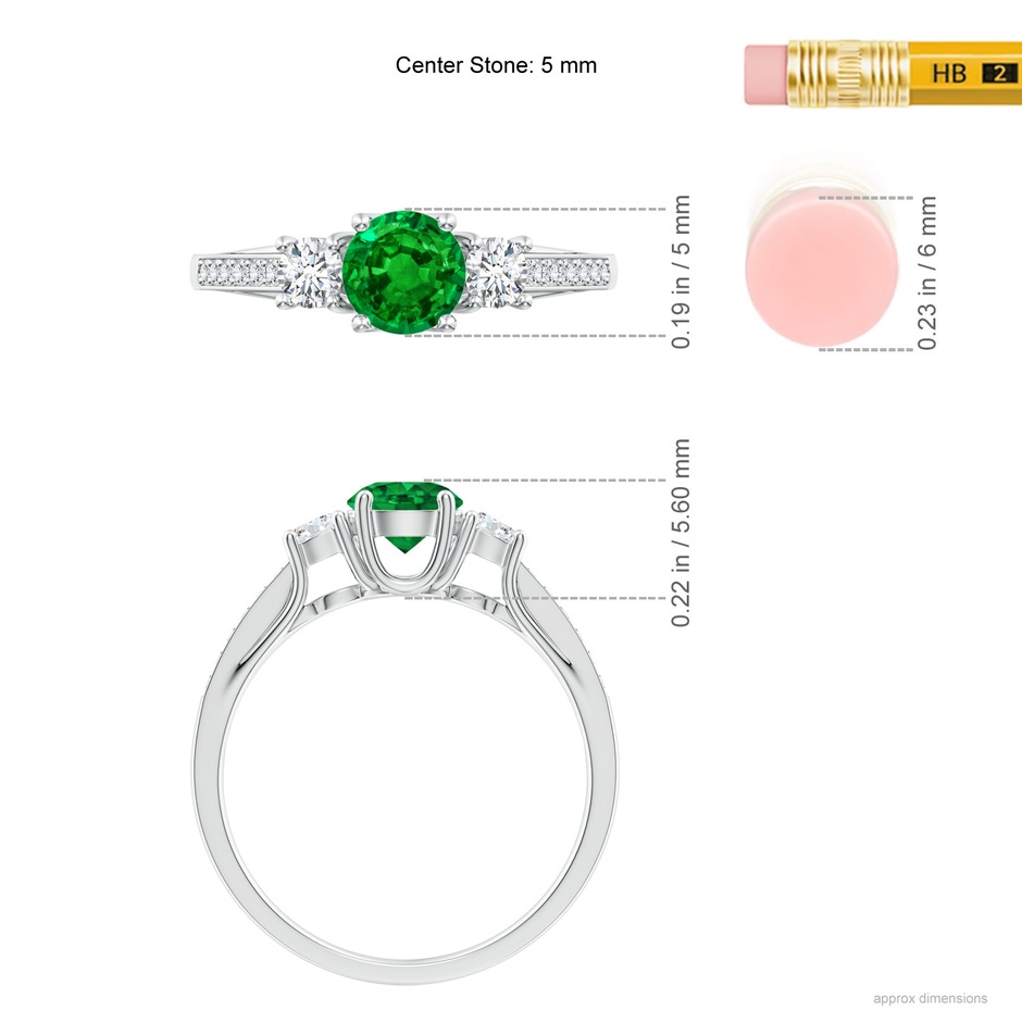 5mm AAAA Classic Prong Set Round Emerald and Diamond Three Stone Ring in White Gold ruler