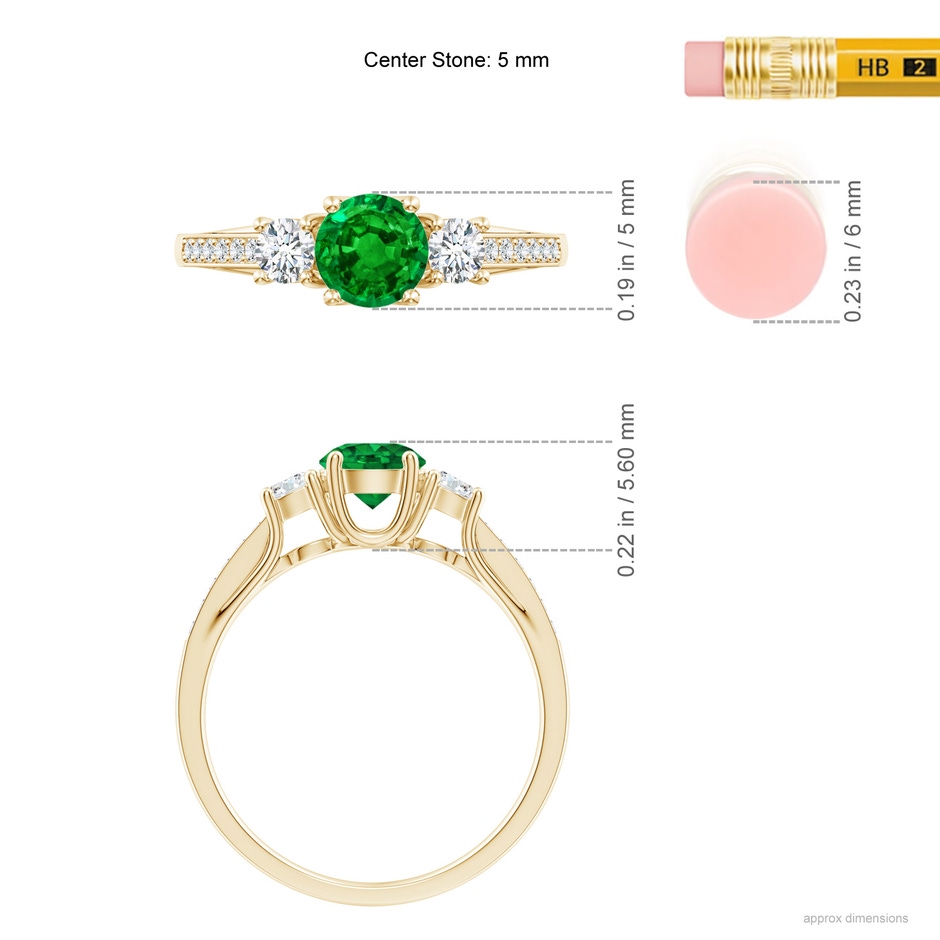 5mm AAAA Classic Prong Set Round Emerald and Diamond Three Stone Ring in Yellow Gold ruler