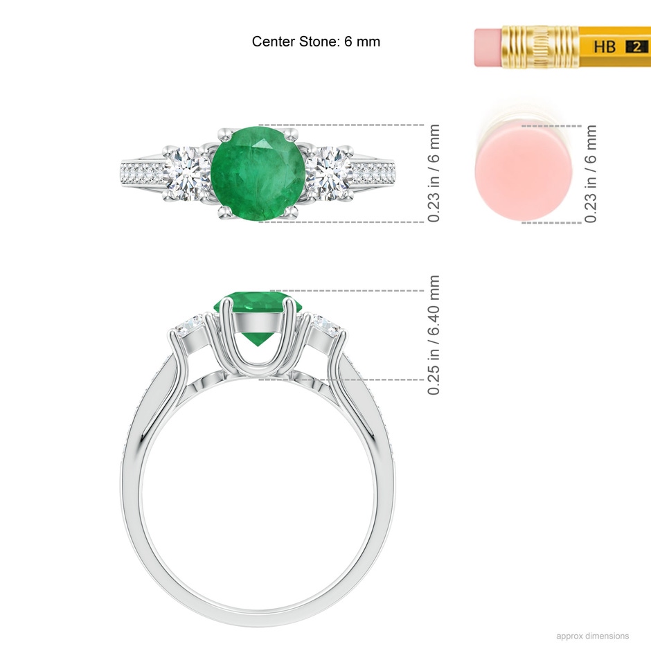 6mm A Classic Prong Set Round Emerald and Diamond Three Stone Ring in P950 Platinum ruler