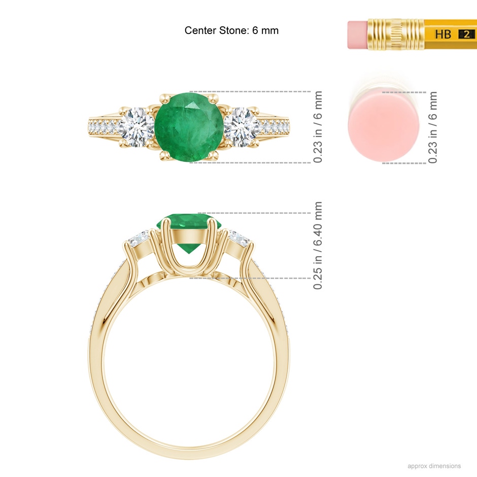 6mm A Classic Prong Set Round Emerald and Diamond Three Stone Ring in Yellow Gold ruler
