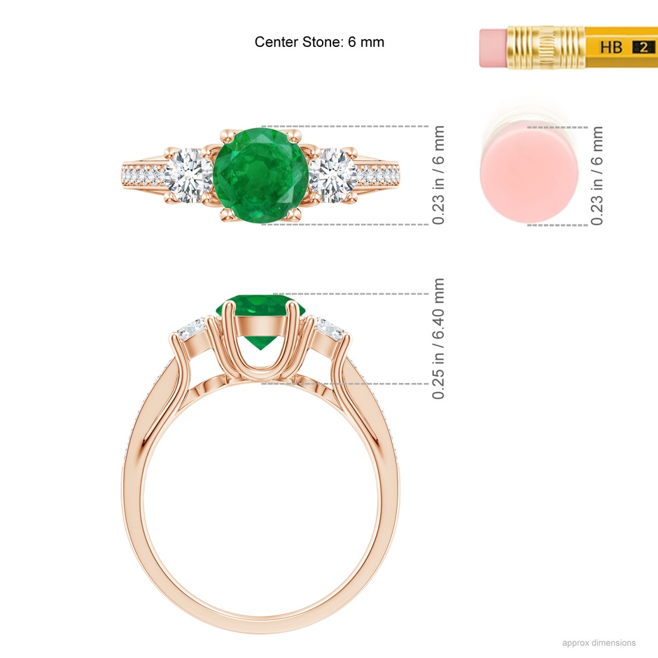 6mm AA Classic Prong Set Round Emerald and Diamond Three Stone Ring in Rose Gold ruler