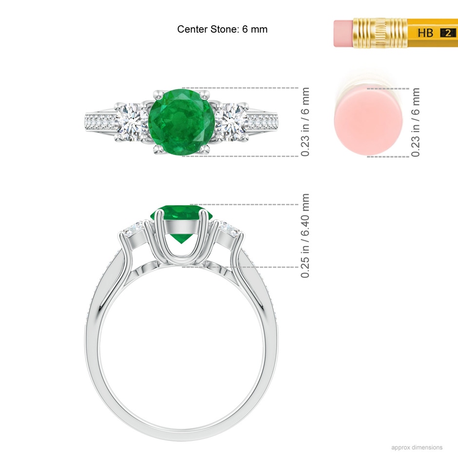 6mm AA Classic Prong Set Round Emerald and Diamond Three Stone Ring in White Gold ruler