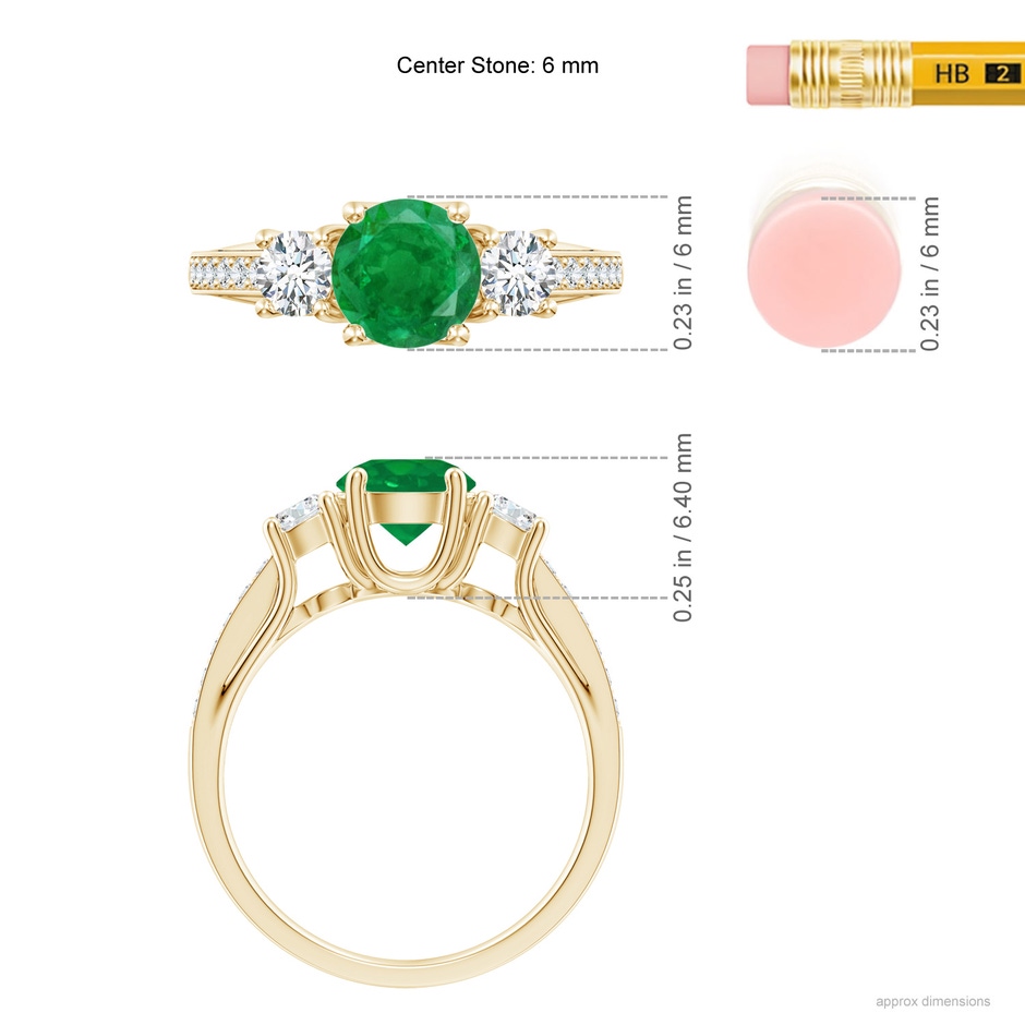 6mm AA Classic Prong Set Round Emerald and Diamond Three Stone Ring in Yellow Gold ruler