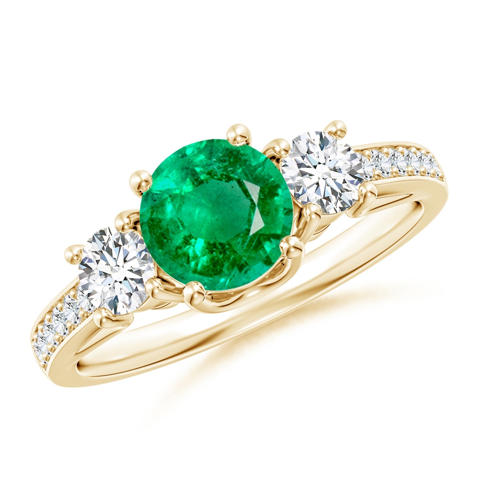 6mm AAA Classic Prong Set Round Emerald and Diamond Three Stone Ring in 18K Yellow Gold 
