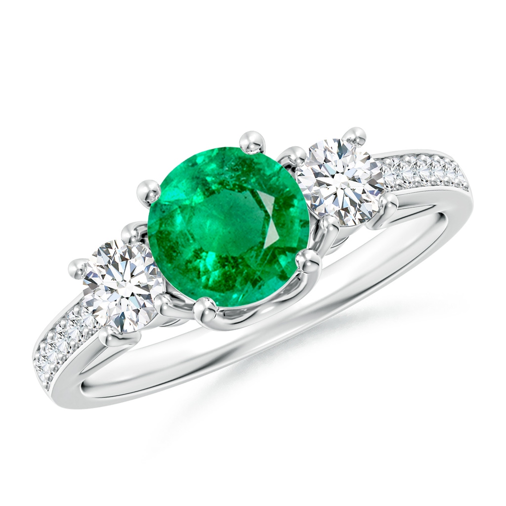 6mm AAA Classic Prong Set Round Emerald and Diamond Three Stone Ring in P950 Platinum