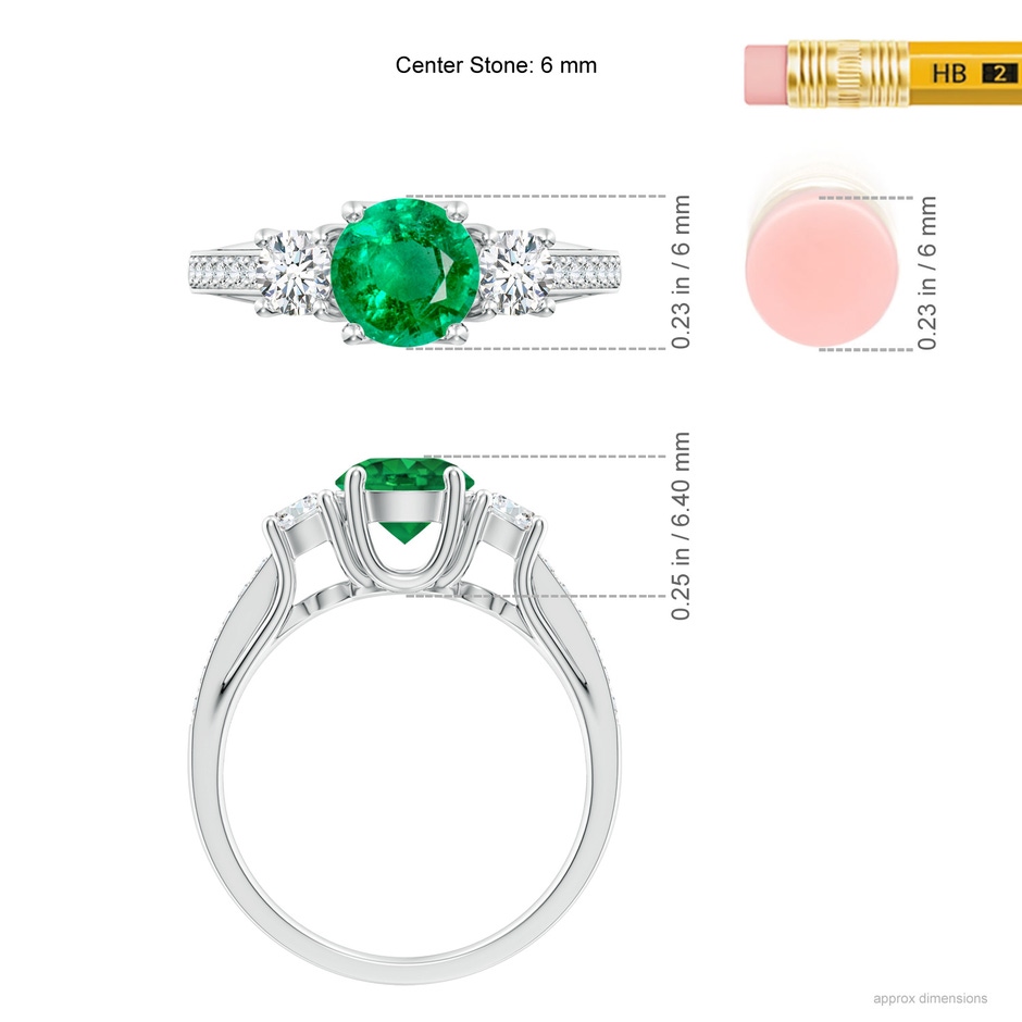 6mm AAA Classic Prong Set Round Emerald and Diamond Three Stone Ring in P950 Platinum ruler