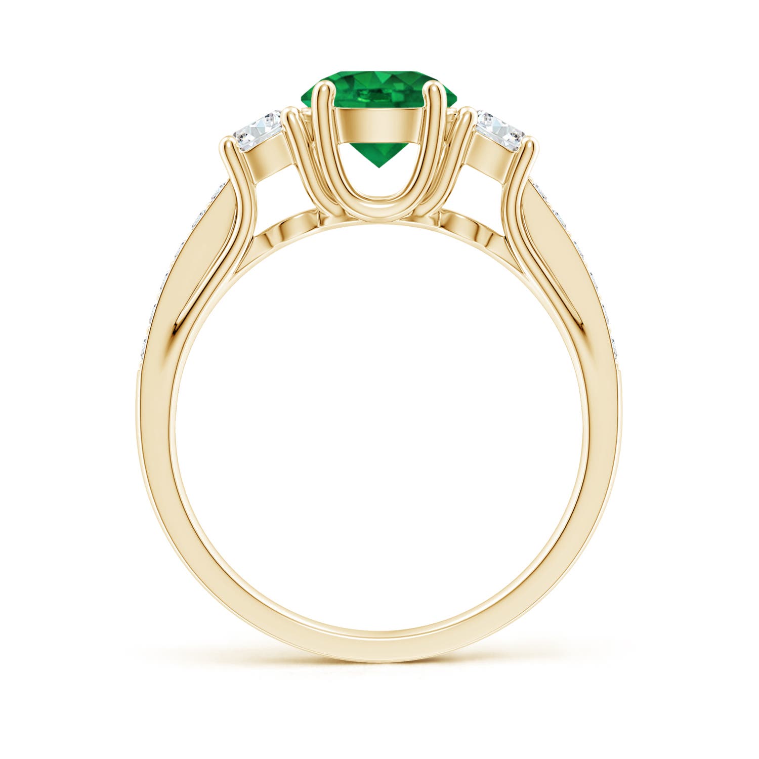 6mm AAA Classic Prong Set Round Emerald and Diamond Three Stone Ring in Yellow Gold