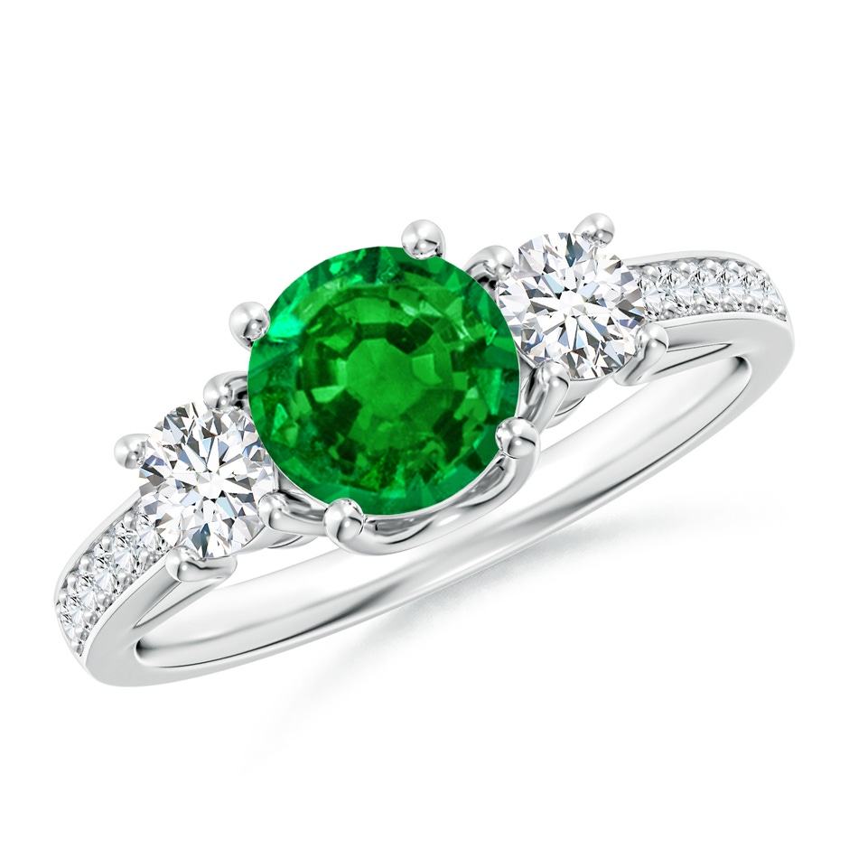 6mm AAAA Classic Prong Set Round Emerald and Diamond Three Stone Ring in White Gold 