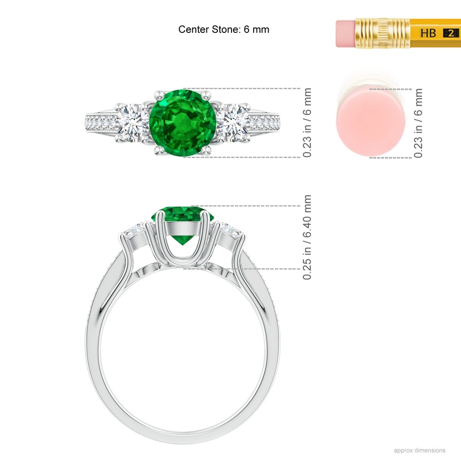 6mm AAAA Classic Prong Set Round Emerald and Diamond Three Stone Ring in White Gold ruler