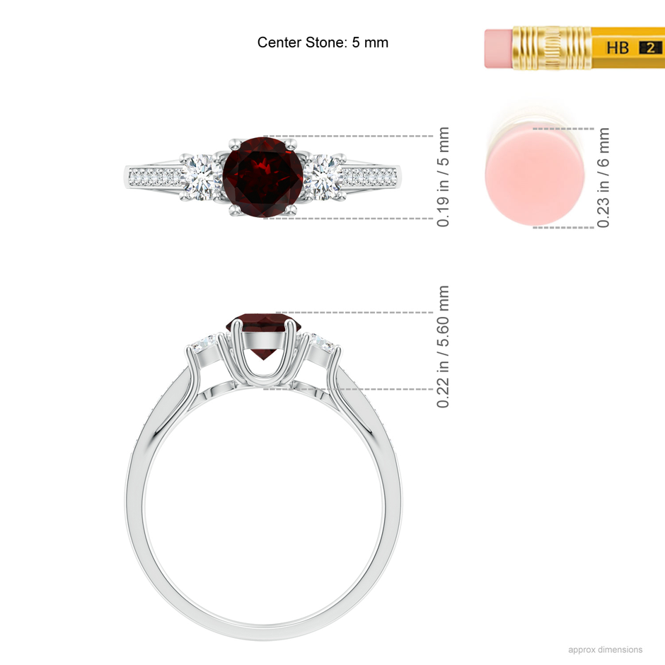 5mm A Classic Prong Set Round Garnet and Diamond Three Stone Ring in White Gold ruler