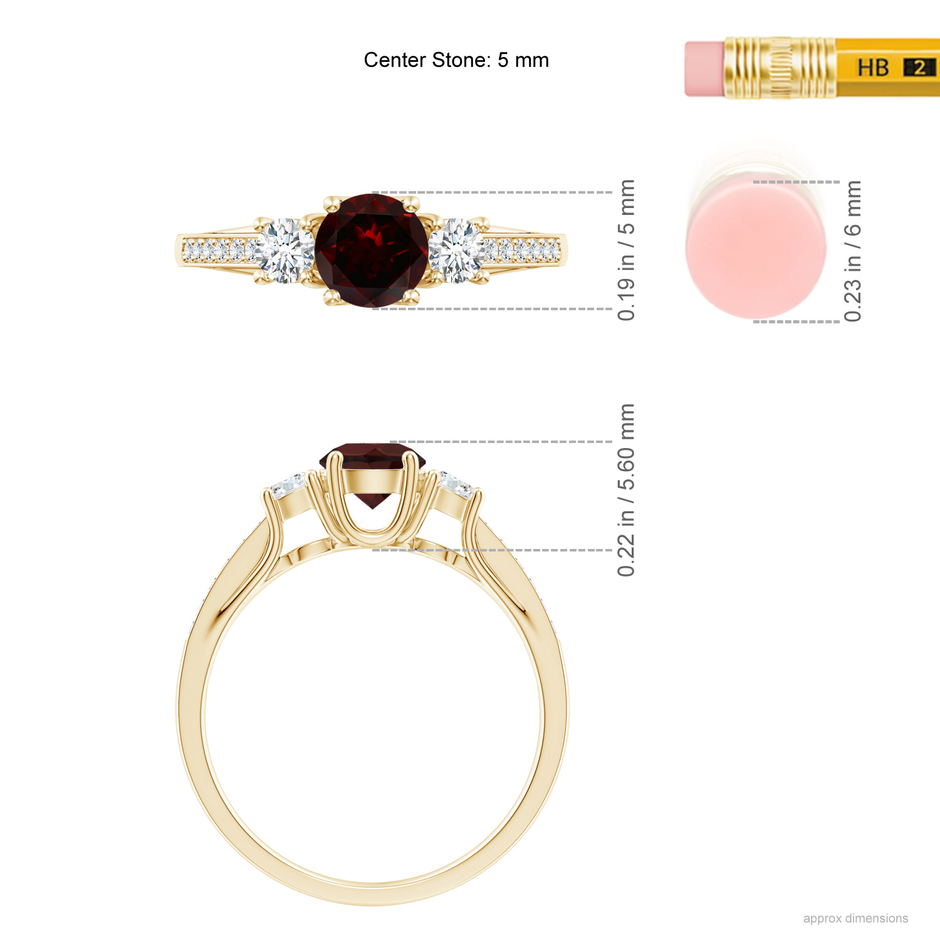 5mm A Classic Prong Set Round Garnet and Diamond Three Stone Ring in Yellow Gold ruler