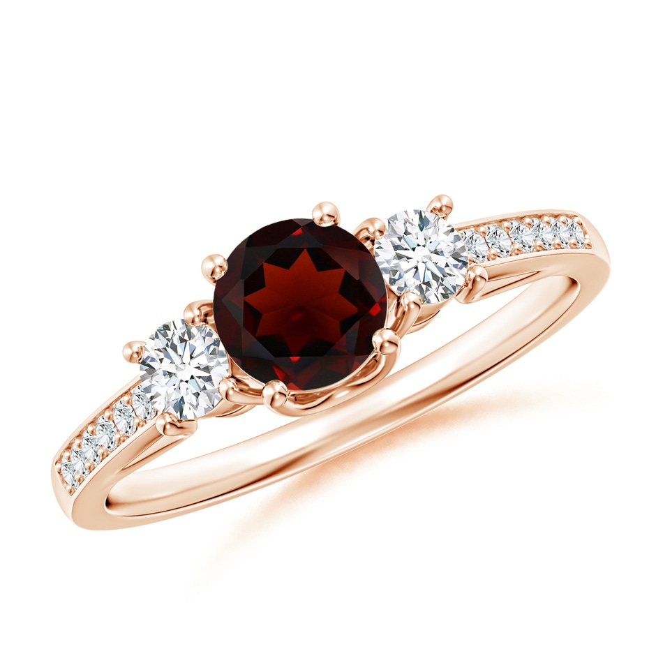 5mm AA Classic Prong Set Round Garnet and Diamond Three Stone Ring in Rose Gold 