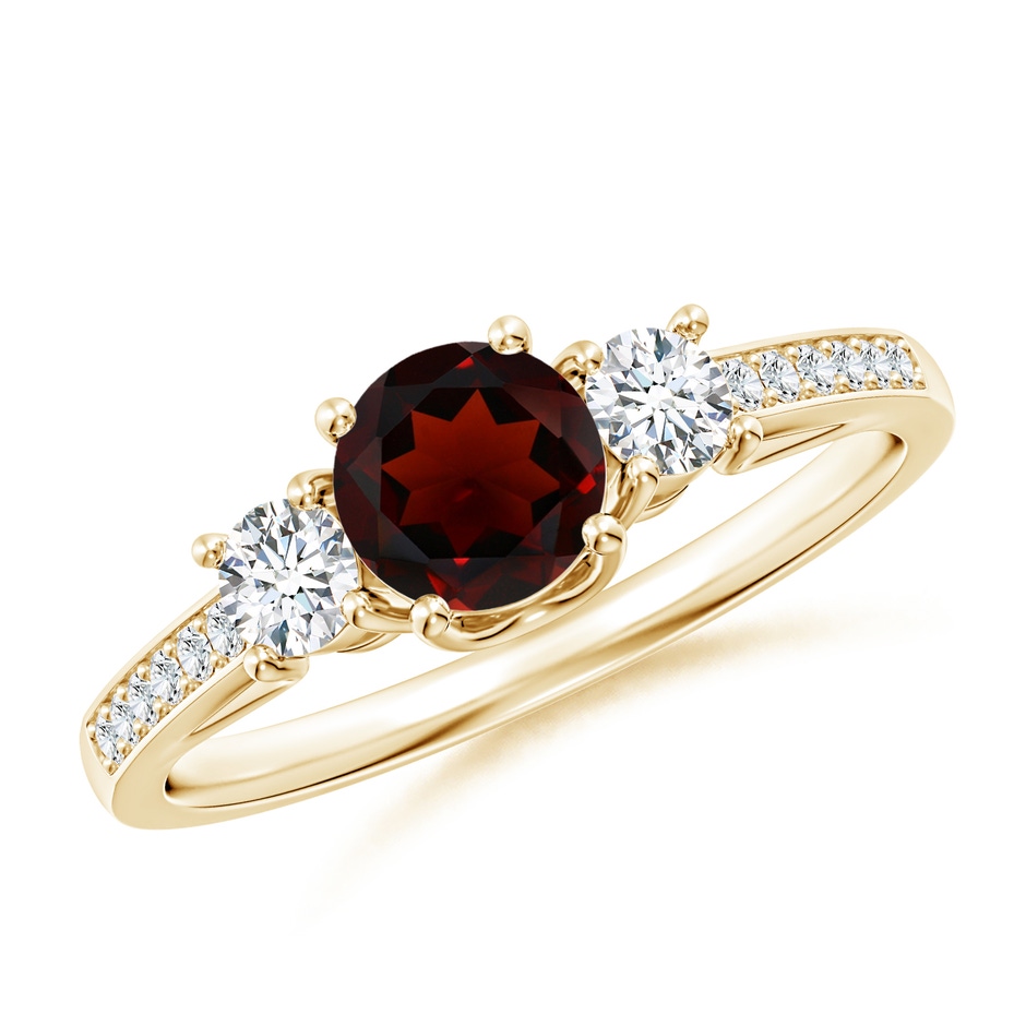 5mm AA Classic Prong Set Round Garnet and Diamond Three Stone Ring in Yellow Gold 