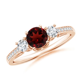 5mm AAA Classic Prong Set Round Garnet and Diamond Three Stone Ring in Rose Gold